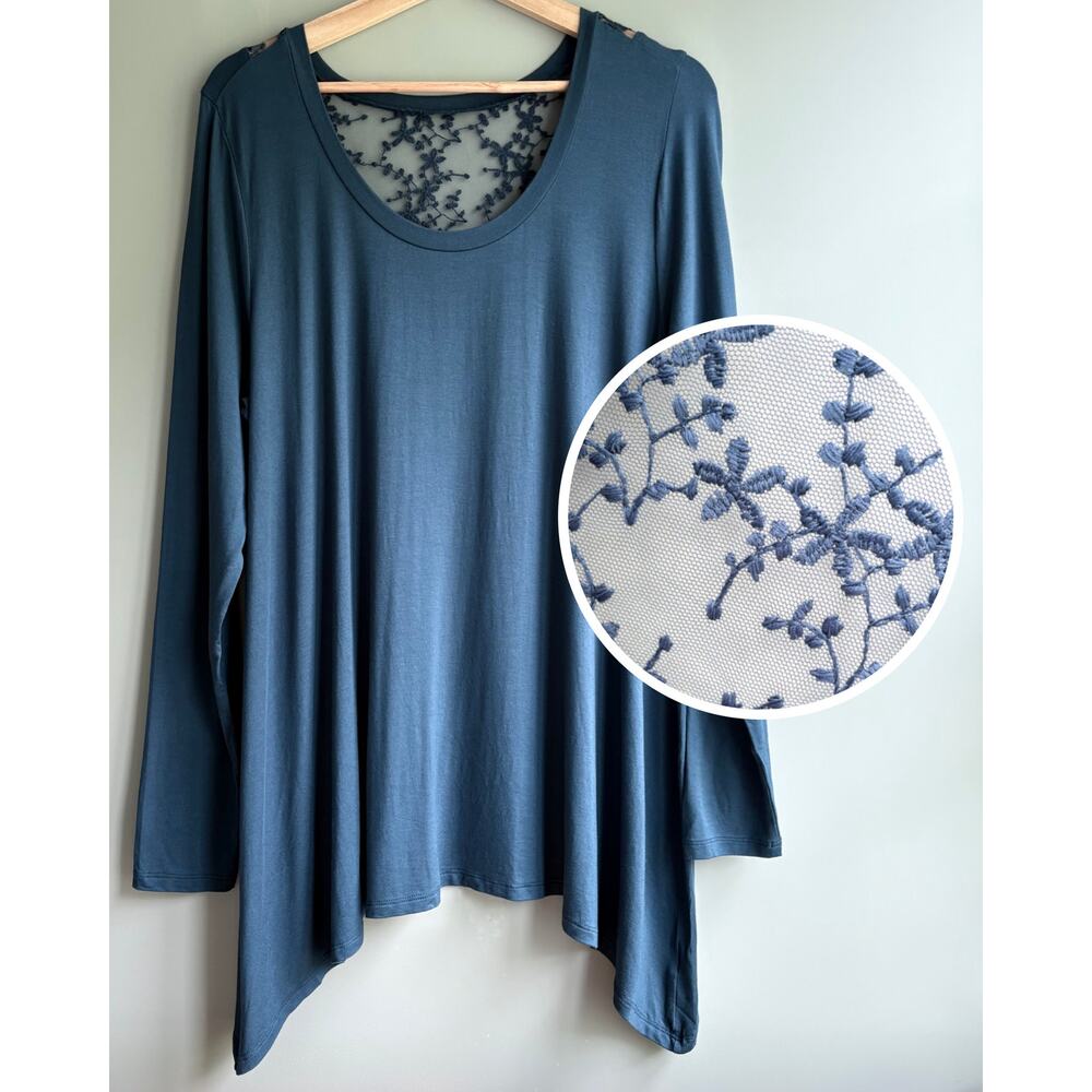 TORRID Super Soft Knit Tunic Teal Floral Embroidered Mesh Lace NWT Plus Size 1X